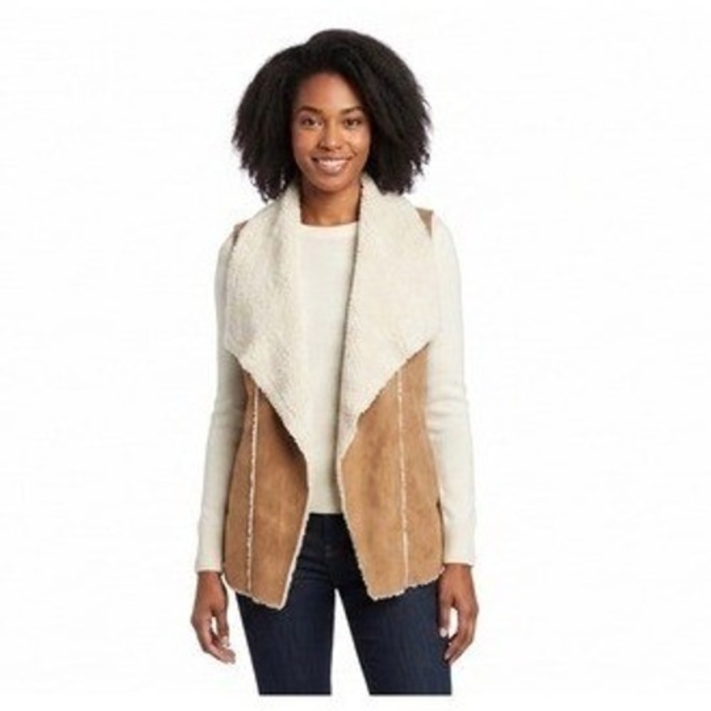 Brown Suede Sherpa Lined Vest Women's Open Front‎ Drape Collar Cozy